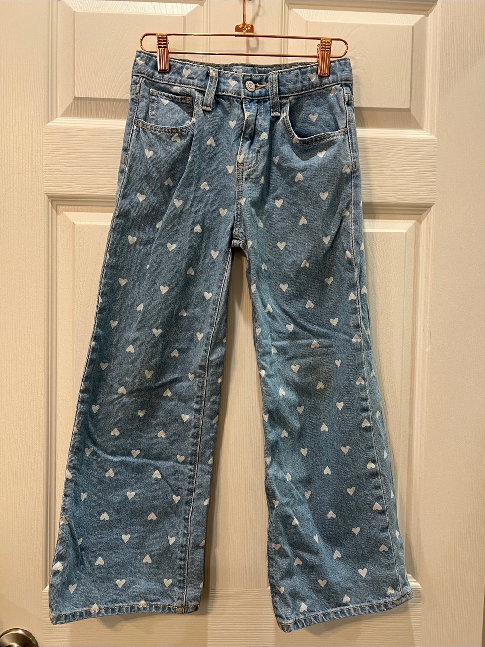 Heart Print Wide Leg Jeans - Light Blue